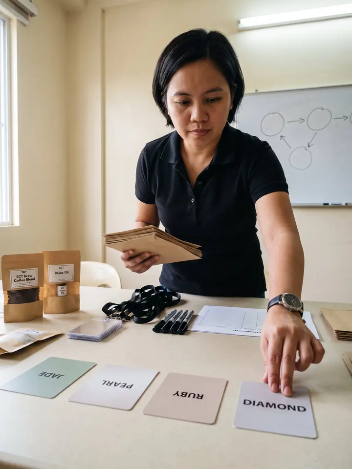 A Marikina training coordinator prepares four plain SCT package cards and product samples before a small briefing, showing orderliness without hype or earning cues.
