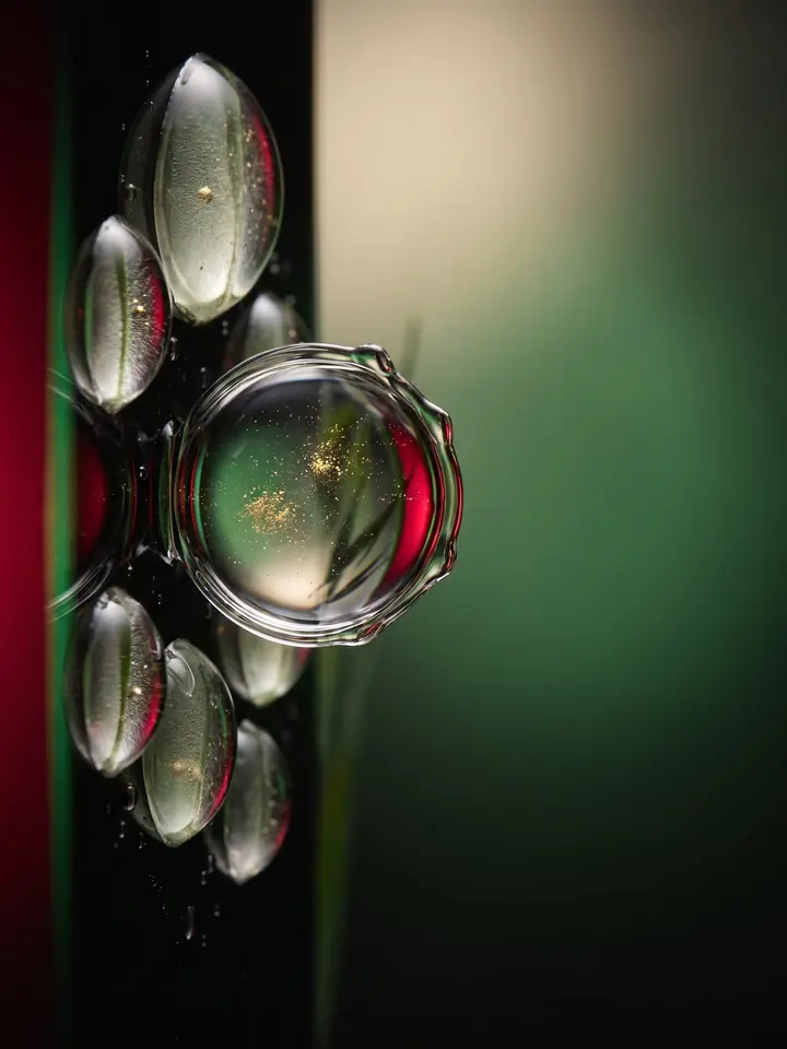 A purely abstract 16:9 SCT website hero shows botanical cell-like droplets and barley-green light resolving into a calm brand-colour field without anatomy, people, text, or product claims.