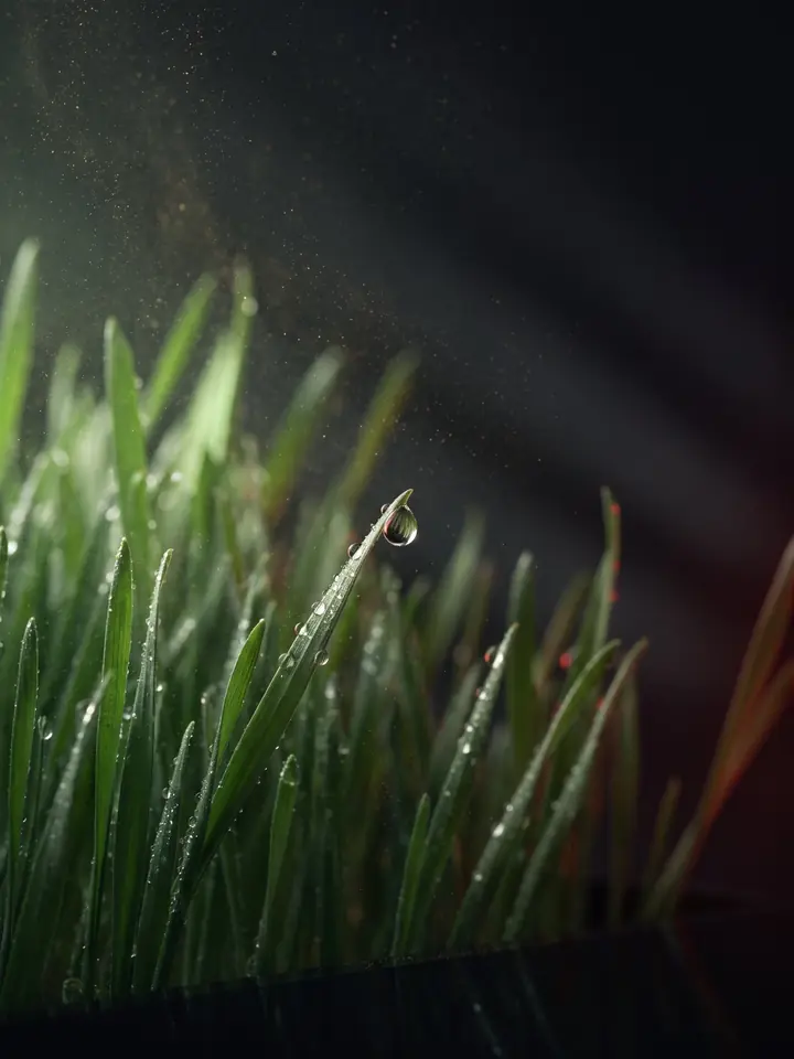 An ultra-wide abstract botanical hero shows backlit barley blades dissolving into crimson, champagne-gold and leaf-green light on near-black, leaving one calm headline zone.