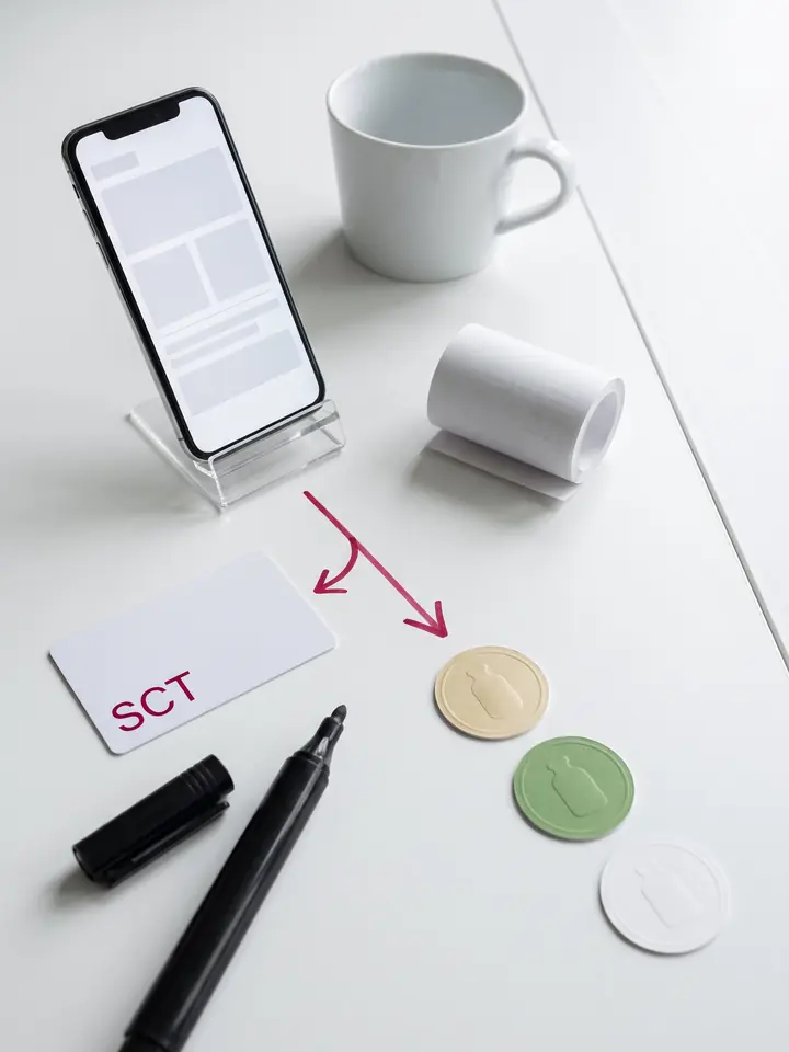 A clean desk scene explains Store Credit ordering through generic cards, arrows, and product samples while keeping all screens and documents unreadable.