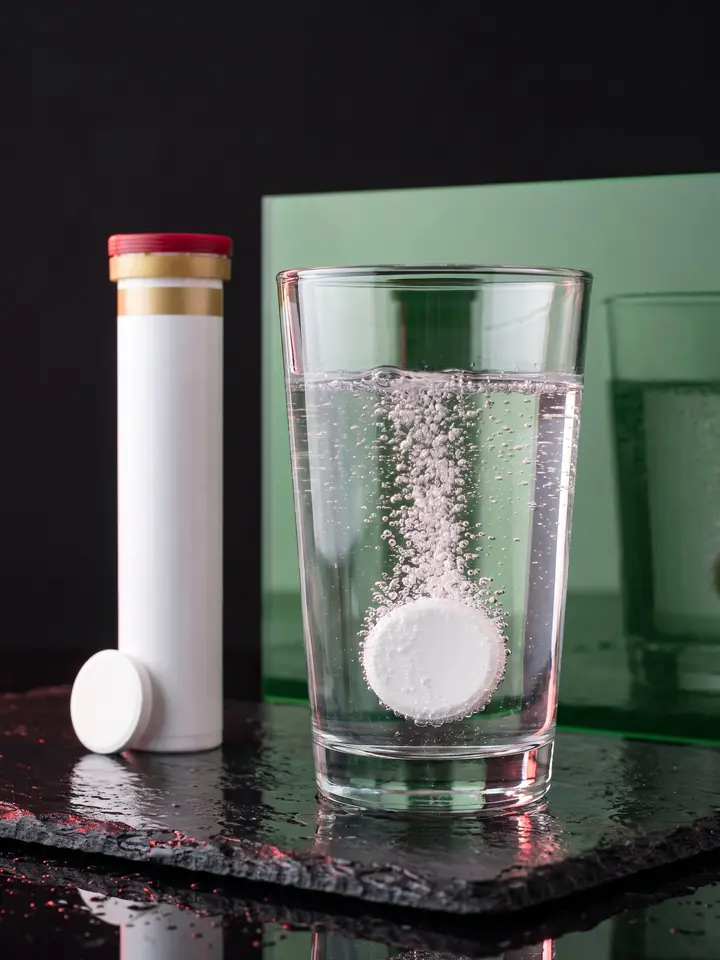 A high-speed catalogue still freezes one effervescent tablet dissolving in a clear glass beside the tube to create motion without a medical promise.