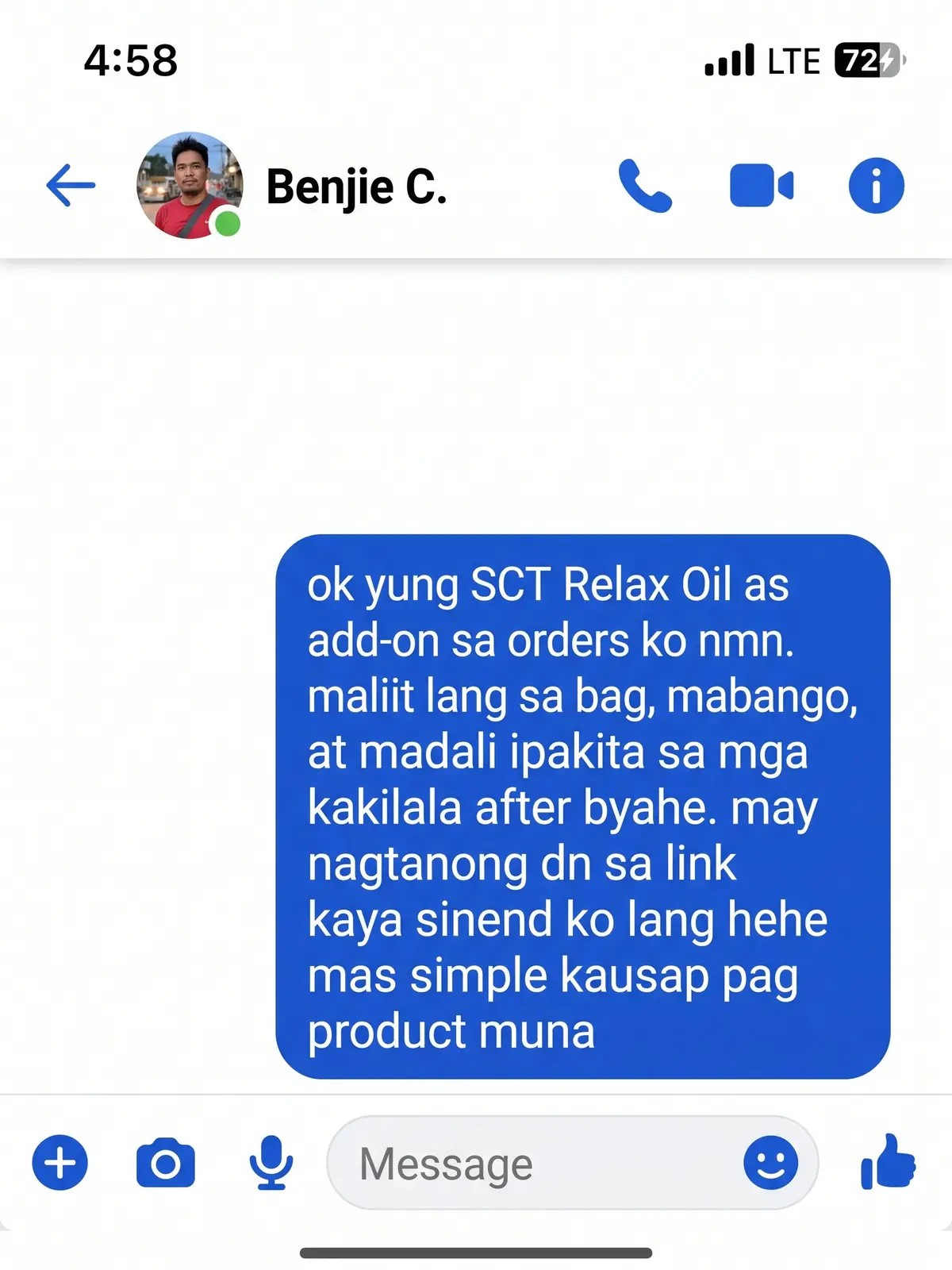 ok yung SCT Relax Oil as add-on sa orders ko nmn. maliit lang sa bag, mabango, at madali ipakita sa mga kakilala after byahe. may nagtanong dn sa link kaya sinend ko lang hehe mas simple kausap pag product muna